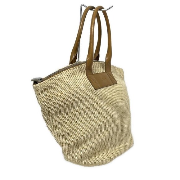 Auth FURLA - Cream Brown Straw Leather Handbag - Picture 4 of 9